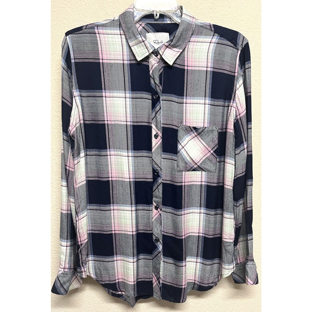 Rails Long Sleeve Button Down Shirt Blue Pink Pla… - image 1